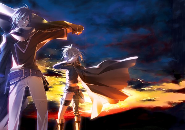 Anime picture 2577x1813 with vocaloid kagamine len kaito (vocaloid) highres sky cloud (clouds) evening sunset boy