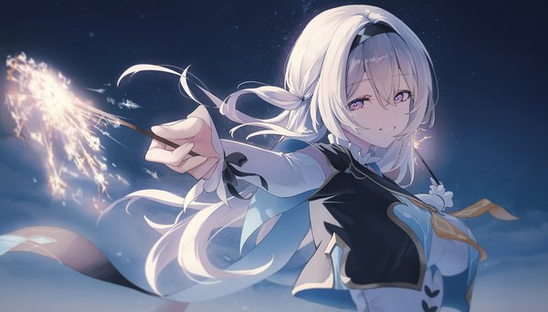 Anime picture 3000x1709 with honkai: star rail honkai (series) firefly (honkai: star rail) moda (mo da 3) single long hair looking at viewer fringe highres smile hair between eyes wide image purple eyes holding silver hair upper body long sleeves grin one side up spread arms