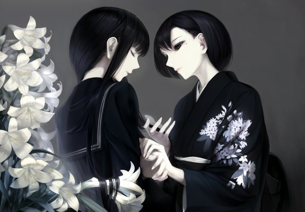 Anime picture 1280x891 with original erise long hair short hair open mouth black hair simple background multiple girls eyes closed traditional clothes japanese clothes lips black eyes grey background holding hands shoujo ai pale skin girl uniform flower (flowers)