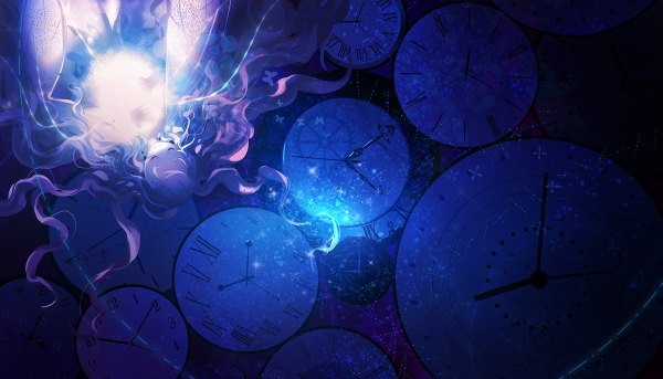 Anime picture 1200x686 with original miemia single wide image eyes closed very long hair loli hug light surreal girl insect butterfly star (stars) clock