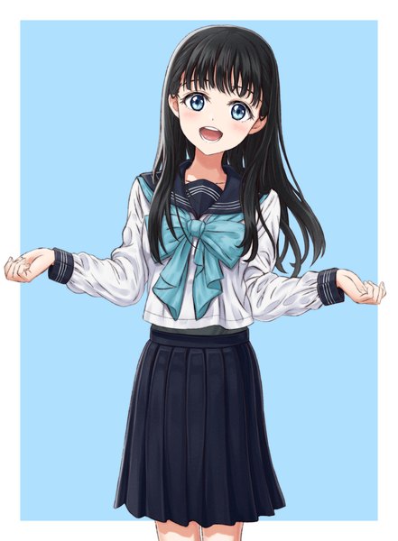 Anime picture 1378x1875 with akebi-chan no serafuku cloverworks akebi komichi nonoa-cg single long hair tall image looking at viewer open mouth blue eyes black hair simple background standing head tilt :d pleated skirt border blue background outside border girl