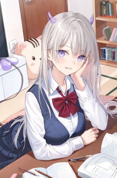 Anime picture 4000x6074 with original emyo single long hair tall image looking at viewer blush fringe highres sitting purple eyes absurdres silver hair indoors tail long sleeves parted lips head tilt horn (horns) demon girl