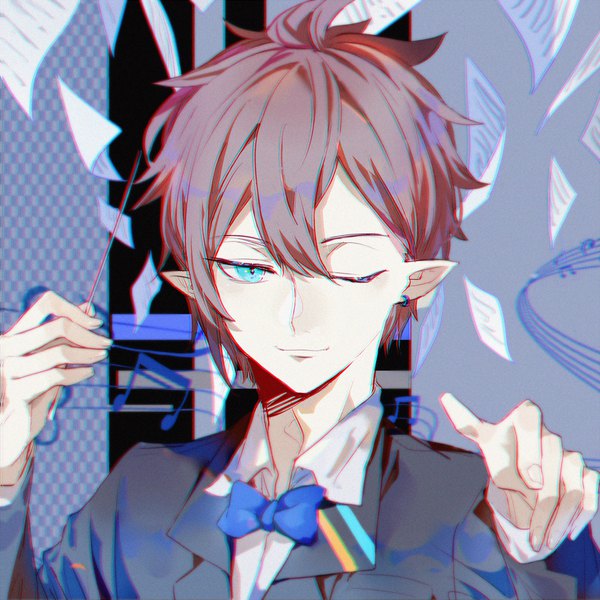 Anime picture 1000x1000 with aotu world tagme (character) kanose single looking at viewer fringe short hair hair between eyes brown hair one eye closed aqua eyes pointy ears wink piercing ear piercing boy bowtie musical note
