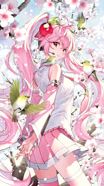 Anime picture 1080x1920 with vocaloid hatsune miku sakura miku nardack single long hair tall image looking at viewer fringe hair between eyes red eyes standing twintails signed pink hair ahoge nail polish pleated skirt fingernails light smile