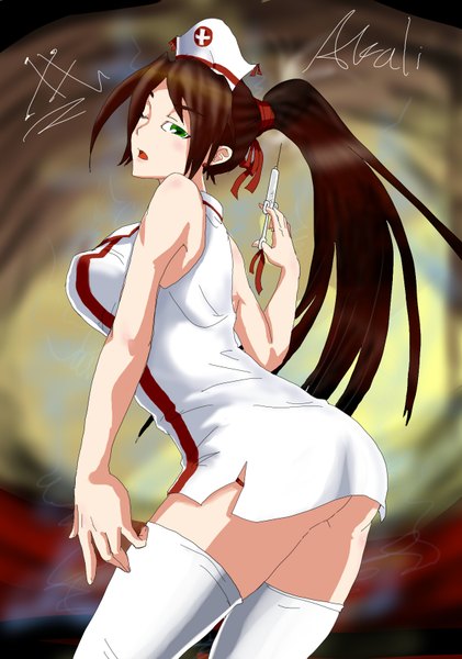 Anime picture 1200x1711 with league of legends akali (league of legends) single long hair tall image looking at viewer open mouth light erotic brown hair green eyes ponytail one eye closed wink nurse girl thighhighs earrings white thighhighs syringe