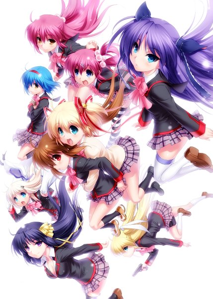 Anime picture 1000x1399 with little busters! key (studio) noumi kudryavka natsume rin kamikita komari kurugaya yuiko saigusa haruka sasasegawa sasami nishizono mio futaki kanata zen (kamuro) long hair tall image blush short hair open mouth blue eyes black hair blonde hair simple background