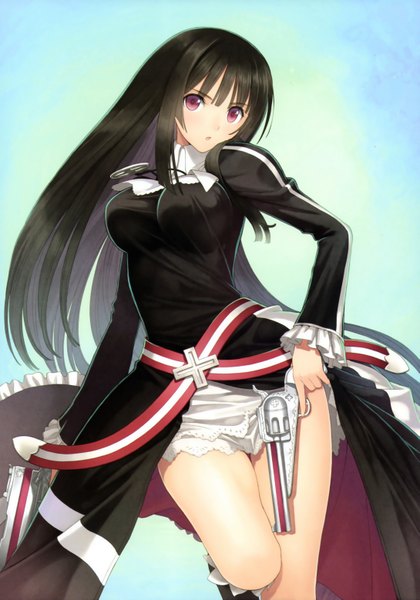 Anime picture 4354x6225 with shining (series) shining ark kilmaria aideen tony taka single long hair tall image looking at viewer highres black hair red eyes absurdres scan girl dress weapon gun