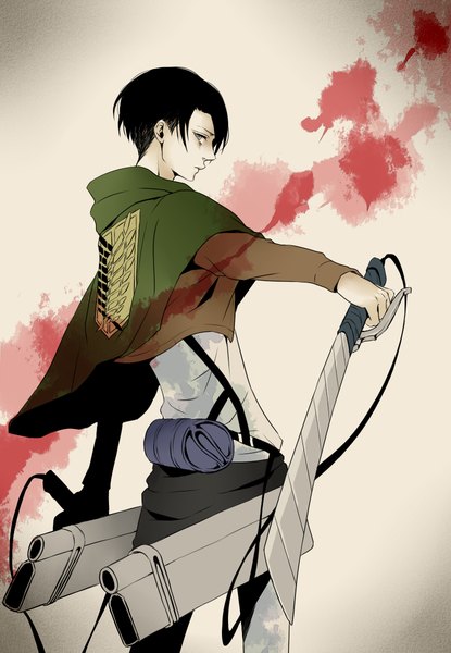 Anime picture 830x1200 with shingeki no kyojin production i.g levi (rivaille) nayuta (hanayushi) single tall image looking at viewer short hair black hair simple background profile grey background open jacket grey eyes spread arms blood stains boy weapon sword jacket