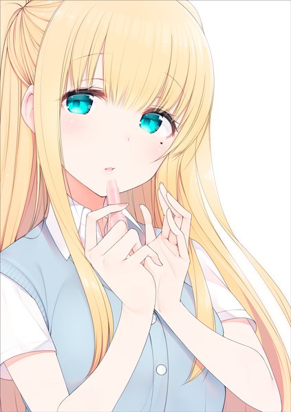 Anime picture 1317x1869 with koharu biyori tachibana nina nekoume single long hair tall image looking at viewer blush fringe blonde hair simple background white background holding payot upper body nail polish parted lips aqua eyes fingernails lips