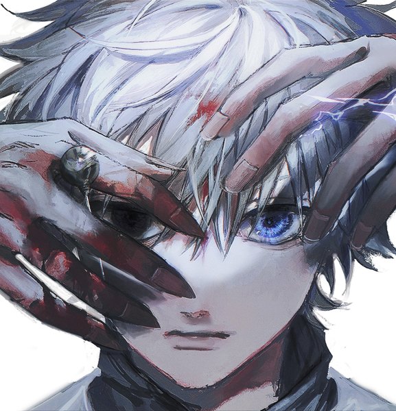 Anime picture 2098x2181 with hunter x hunter killua zaoldyeck orokudesu single tall image looking at viewer highres short hair blue eyes simple background white background silver hair fingernails boy hands
