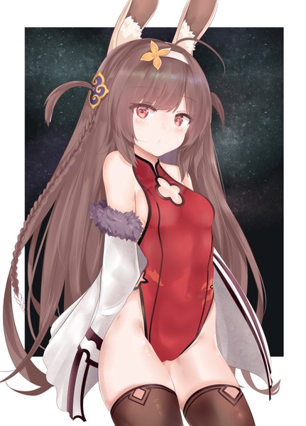Anime picture 2300x3200 with azur lane ping hai (azur lane) ping hai (osmanthus moon rabbit) (azur lane) ru zhai single long hair tall image looking at viewer blush fringe highres breasts light erotic red eyes brown hair standing bare shoulders animal ears payot ahoge