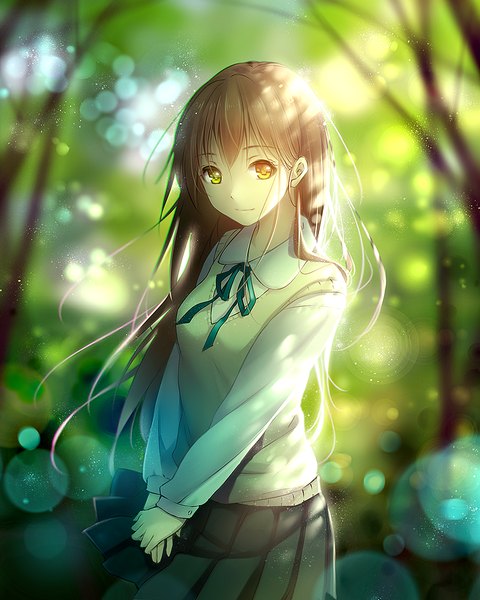 Anime picture 800x1000 with original niya tidsean single long hair tall image looking at viewer fringe brown hair yellow eyes outdoors long sleeves pleated skirt light smile sunlight blurry depth of field hands clasped girl skirt
