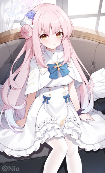 Anime picture 3000x4923 with blue archive mika (blue archive) poinia single long hair tall image looking at viewer fringe highres smile sitting brown eyes pink hair indoors hair flower hair bun (hair buns) watermark frilled dress white wings wrist scrunchie