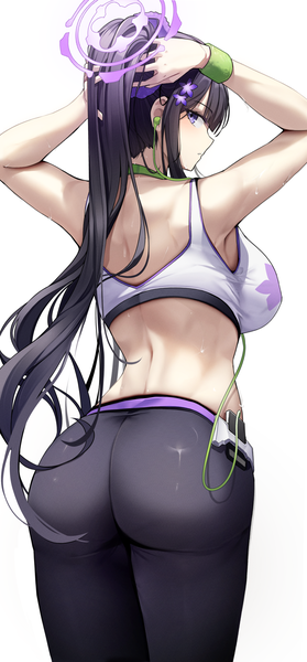 Anime picture 882x1897 with blue archive sumire (blue archive) ddangbi single long hair tall image looking at viewer fringe breasts light erotic black hair simple background hair between eyes large breasts standing white background purple eyes ass ponytail profile