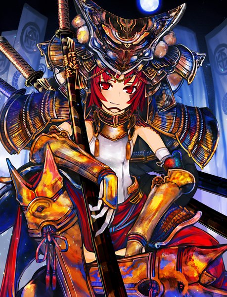 Anime picture 1300x1700 with sengoku musou virus (obsession) single tall image short hair smile red eyes red hair girl sword armor moon helmet