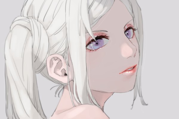 Anime picture 1200x800 with fire emblem fire emblem: three houses nintendo edelgard von hresvelg 91007 single long hair looking at viewer fringe simple background purple eyes payot white hair parted lips side ponytail face girl