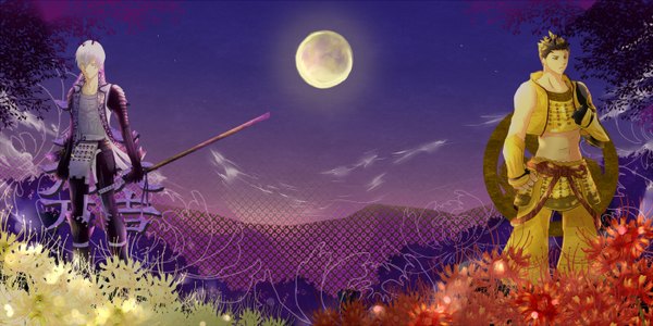 Anime picture 1400x700 with sengoku basara production i.g mitsunari ishida tokugawa ieyasu short hair black hair wide image white hair traditional clothes multiple boys boy gloves flower (flowers) weapon armor moon 2 boys full moon