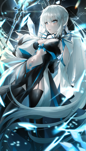 Anime picture 2320x4056 with fate (series) fate/grand order morgan le fay (fate) kanniiepan single tall image fringe highres breasts blue eyes light erotic hair between eyes large breasts standing payot looking away cleavage silver hair ponytail braid (braids)