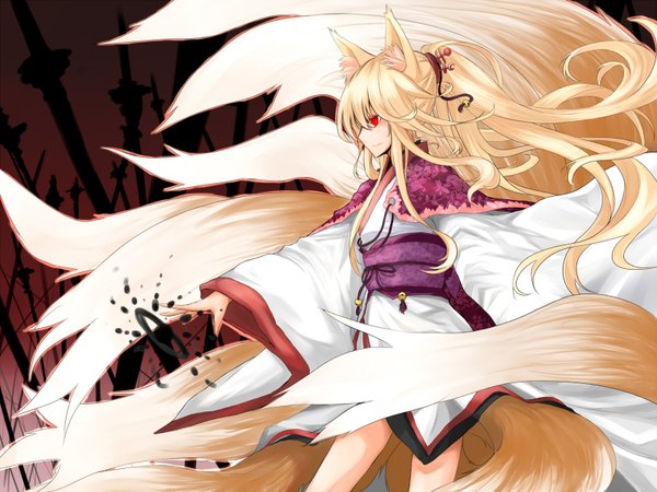 Anime picture 1600x1200 with original azure luna long hair blonde hair red eyes animal ears ponytail tail profile magic fox girl multiple tails girl