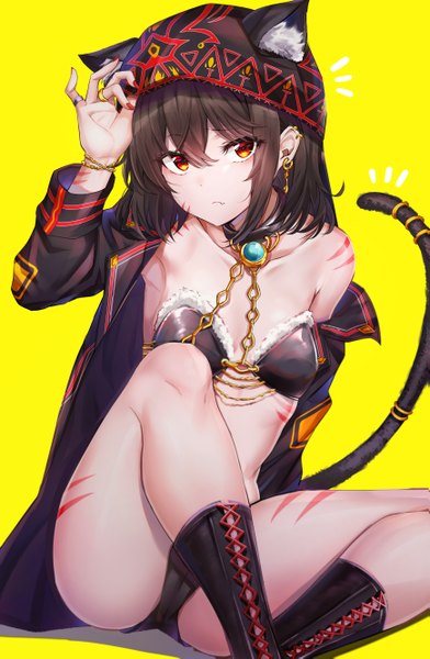 Anime picture 3475x5321 with original nyung single tall image looking at viewer fringe highres short hair breasts light erotic simple background hair between eyes red eyes brown hair sitting animal ears payot absurdres tail nail polish