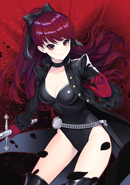 Anime picture 1000x1420 with persona 5 persona persona 5 the royal yoshizawa kasumi kyundoo single long hair tall image looking at viewer fringe light erotic smile red eyes standing holding cleavage ponytail red hair wind open jacket
