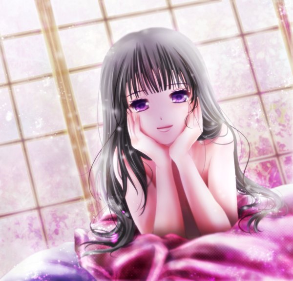 Anime picture 1000x960 with touhou houraisan kaguya tsukiori sasa single long hair looking at viewer light erotic black hair purple eyes girl sliding doors shouji