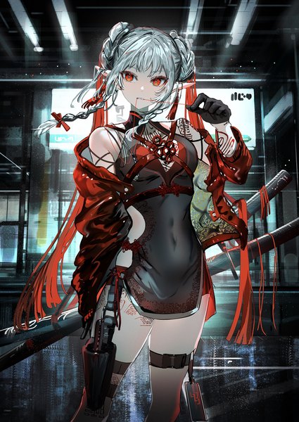 Anime picture 2828x3994 with original nanaponi single long hair tall image looking at viewer fringe highres red eyes standing bare shoulders payot silver hair braid (braids) traditional clothes arm up pointy ears off shoulder open jacket hair bun (hair buns)