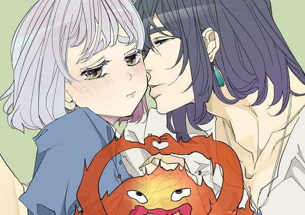 Anime picture 1060x750 with howl's moving castle studio ghibli howl sophie hatter calcifer blush short hair blue eyes black hair green eyes profile grey hair couple green background almost kiss heart hands girl boy earrings heart