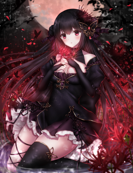 Anime picture 1560x2040 with sangokushi taisen yuzushiro single long hair tall image looking at viewer blush fringe breasts black hair hair between eyes red eyes large breasts holding signed payot cleavage outdoors parted lips hair flower