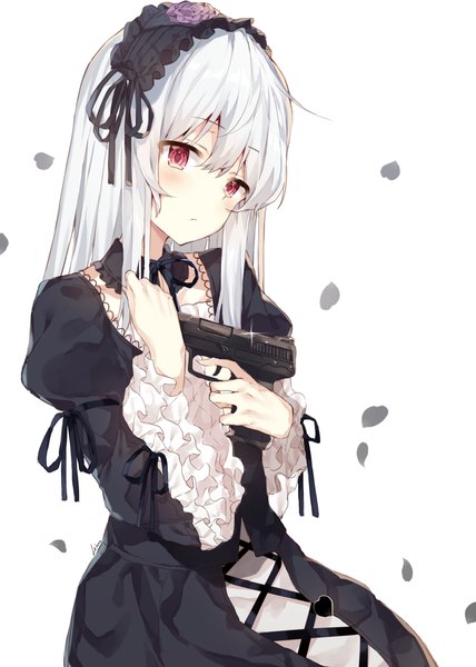 Anime picture 1700x2383 with rozen maiden suigintou leisss single long hair tall image blush fringe simple background hair between eyes red eyes standing white background holding signed payot looking away silver hair long sleeves head tilt