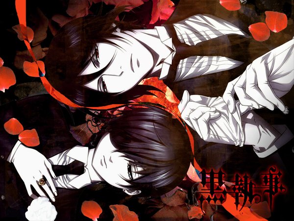 Anime picture 1024x768 with kuroshitsuji a-1 pictures sebastian michaelis ciel phantomhive looking at viewer short hair black hair red eyes scan inscription multiple boys butler boy gloves petals necktie 2 boys ring eyepatch suit