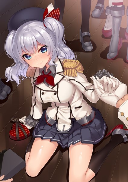 Anime picture 706x1000 with kantai collection kashima training cruiser yaguo long hair tall image looking at viewer blush blue eyes smile multiple girls silver hair legs 6+ girls valentine pov 7 girls girl boy skirt gloves