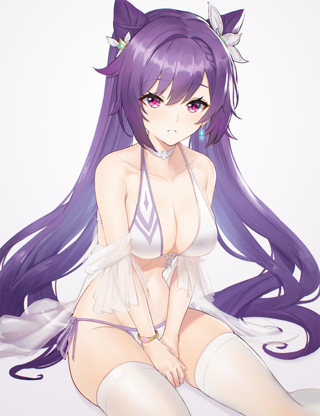 Anime picture 832x1080 with genshin impact keqing (genshin impact) edward montenegro single long hair tall image looking at viewer blush fringe breasts light erotic simple background hair between eyes large breasts white background sitting payot cleavage purple hair braid (braids)