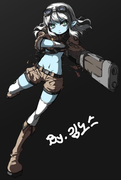 Anime picture 1000x1488 with league of legends tristana (league of legends) single long hair tall image looking at viewer simple background white hair aqua eyes pointy ears dark skin dark background thighhighs navel weapon white thighhighs glasses shorts gun goggles