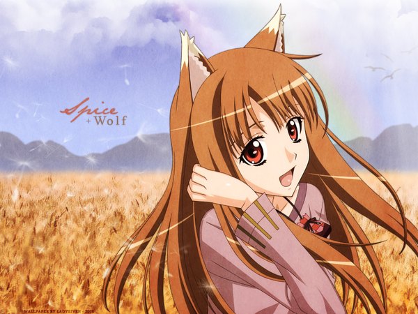 Anime picture 1600x1200 with spice and wolf horo single long hair red eyes brown hair animal ears girl
