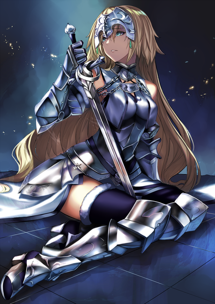 Anime picture 1000x1414 with fate (series) fate/grand order fate/apocrypha jeanne d'arc (fate) (all) jeanne d'arc (fate) karlwolf single long hair tall image fringe blonde hair hair between eyes sitting holding looking away parted lips aqua eyes arm support fur trim between legs