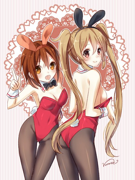 Anime picture 600x800 with kantai collection murasame destroyer shiratsuyu destroyer nunucco long hair tall image blush short hair open mouth light erotic blonde hair smile red eyes brown hair twintails multiple girls brown eyes signed animal ears tail