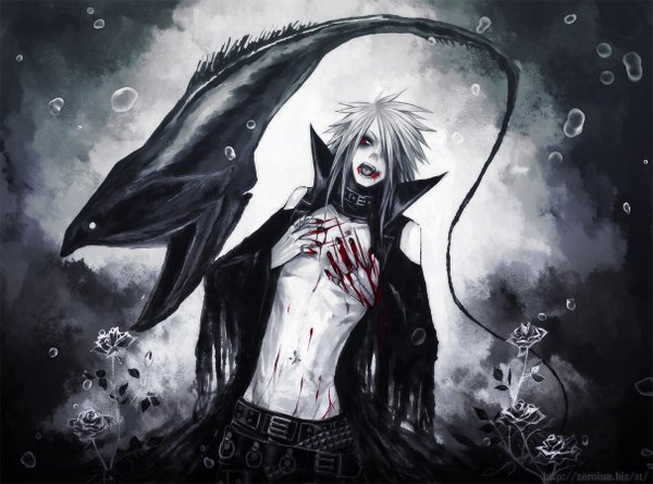 Anime picture 1211x900 with original bonnou no kai (artist) fringe red eyes grey hair hair over one eye piercing scar underwater boy navel flower (flowers) water belt rose (roses) blood bubble (bubbles) fish (fishes)