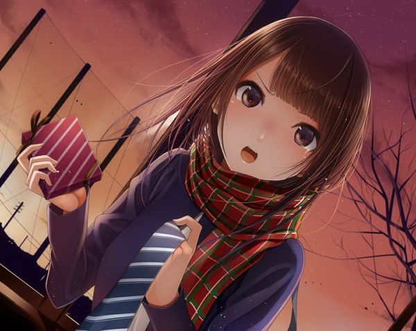 Anime picture 945x753 with original kentaurosu single long hair looking at viewer fringe open mouth brown hair brown eyes valentine girl scarf gift