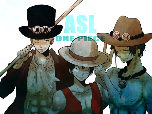 Anime picture 2000x1500 with one piece toei animation monkey d. luffy portgas d. ace sabo (one piece) fumita (artist) highres short hair simple background smile white background white hair one eye closed wink open clothes topless group boy hat vest