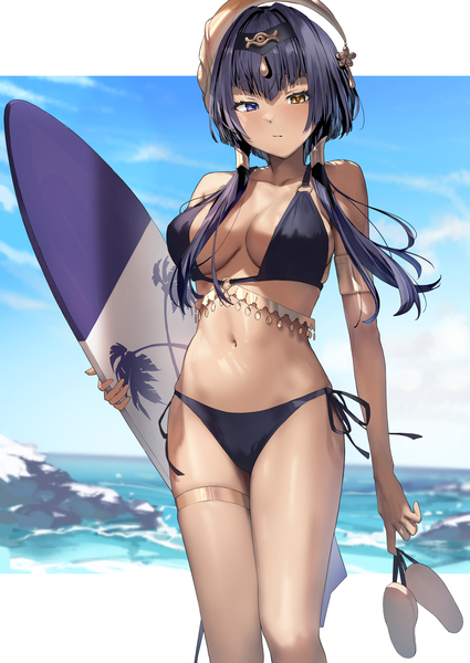 Anime picture 2508x3541 with genshin impact candace (genshin impact) xkirara39x single long hair tall image fringe highres breasts light erotic black hair large breasts alternate costume heterochromia dark skin outside border shoes removed girl hair ornament swimsuit