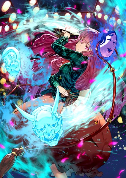 Anime picture 601x850 with touhou hata no kokoro benitama single long hair tall image fringe pink hair pink eyes magic glowing girl shirt petals mask fan lantern paper lantern demon mask