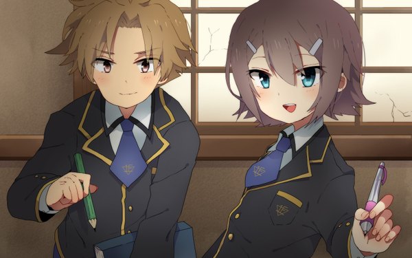 Anime picture 1600x1000 with baka to test to shoukanjuu silver link kinoshita hideyoshi yoshii akihisa looking at viewer blush short hair open mouth blue eyes blonde hair smile wide image brown eyes multiple boys otoko no ko boy uniform school uniform necktie window