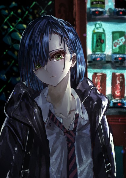Anime picture 1158x1637 with darling in the franxx studio trigger ichigo (darling in the franxx) signo aaa single tall image looking at viewer fringe short hair hair between eyes green eyes blue hair upper body head tilt night open jacket open collar girl necktie jacket