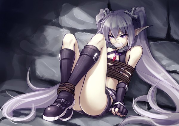 Anime picture 1280x905 with agarest senki fyuria (agarest senki) ricegnat single light erotic twintails purple eyes bare shoulders looking away purple hair very long hair pointy ears bare belly elf bondage bound hands girl gloves choker elbow gloves