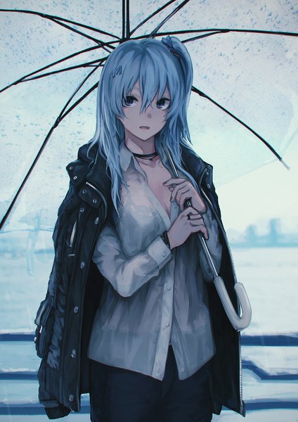 Anime picture 1414x2000 with original emori miku project emori miku sparrovv single long hair tall image fringe open mouth blue eyes light erotic hair between eyes holding blue hair nail polish one side up rain clothes on shoulders transparent umbrella girl