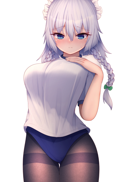 Anime picture 1360x1920 with touhou izayoi sakuya darumoon single long hair tall image looking at viewer blush fringe breasts blue eyes light erotic simple background hair between eyes large breasts standing white background silver hair braid (braids) short sleeves