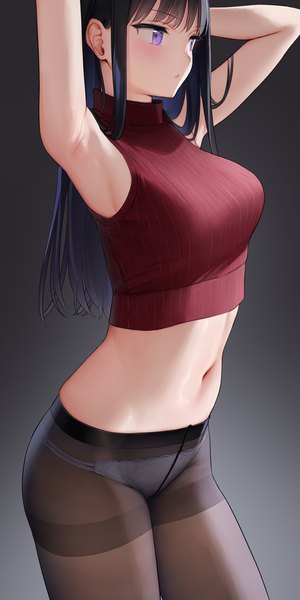 Anime picture 641x1282 with original tights-chan (mignon) mignon single long hair tall image blush fringe breasts light erotic black hair simple background standing purple eyes blunt bangs grey background arms up bare belly armpit (armpits) gradient background