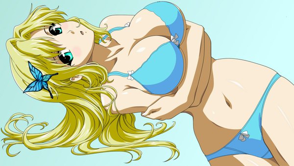 Anime picture 1920x1083 with boku wa tomodachi ga sukunai kashiwazaki sena single long hair highres breasts light erotic blonde hair wide image green eyes underwear only girl navel hair ornament underwear panties lingerie bra insect butterfly