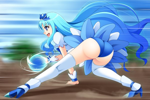 Anime picture 1280x854 with narutaki shin long hair blue eyes light erotic blue hair ass very long hair magic girl thighhighs white thighhighs